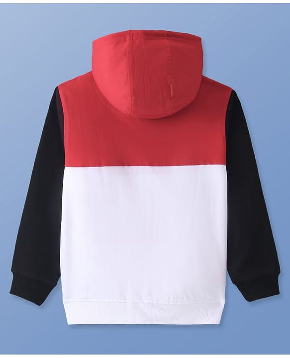 Pine Kids Cotton Knit Full Sleeves Hooded Sweatjacket With Cut & Sew Design & Text Print - Red & White