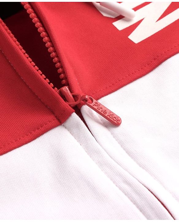 Pine Kids Cotton Knit Full Sleeves Hooded Sweatjacket With Cut & Sew Design & Text Print - Red & White