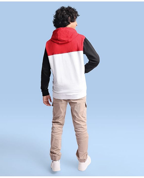 Pine Kids Cotton Knit Full Sleeves Hooded Sweatjacket With Cut & Sew Design & Text Print - Red & White