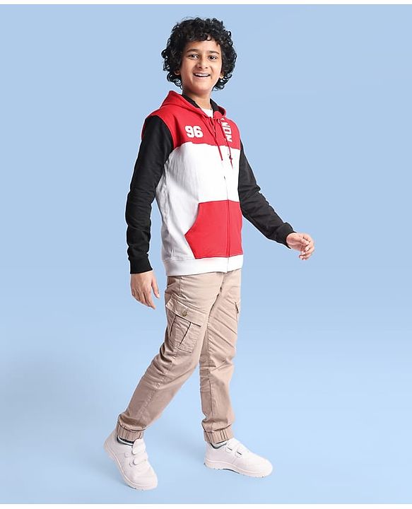 Pine Kids Cotton Knit Full Sleeves Hooded Sweatjacket With Cut & Sew Design & Text Print - Red & White
