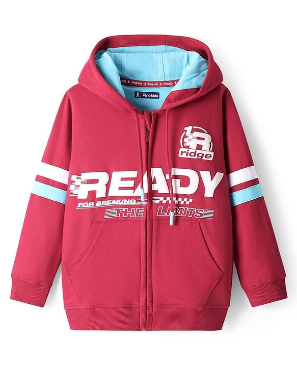 Pine Kids Cotton Knit Full Sleeves Hooded Sweatjacket With Text Print & Kangaroo Pockets - Red