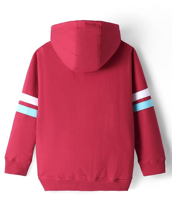 Pine Kids Cotton Knit Full Sleeves Hooded Sweatjacket With Text Print & Kangaroo Pockets - Red