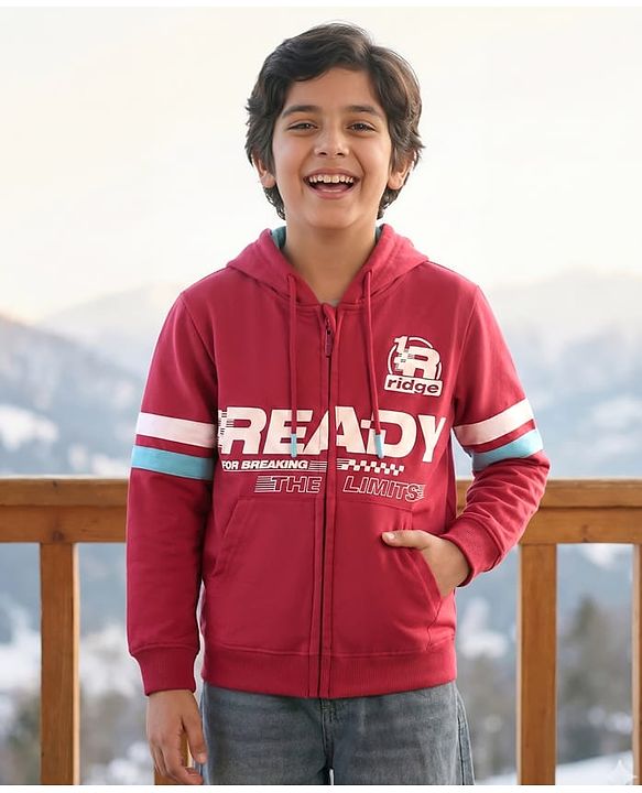 Pine Kids Cotton Knit Full Sleeves Hooded Sweatjacket With Text Print & Kangaroo Pockets - Red