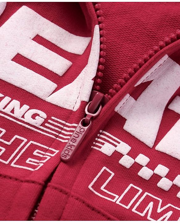 Pine Kids Cotton Knit Full Sleeves Hooded Sweatjacket With Text Print & Kangaroo Pockets - Red