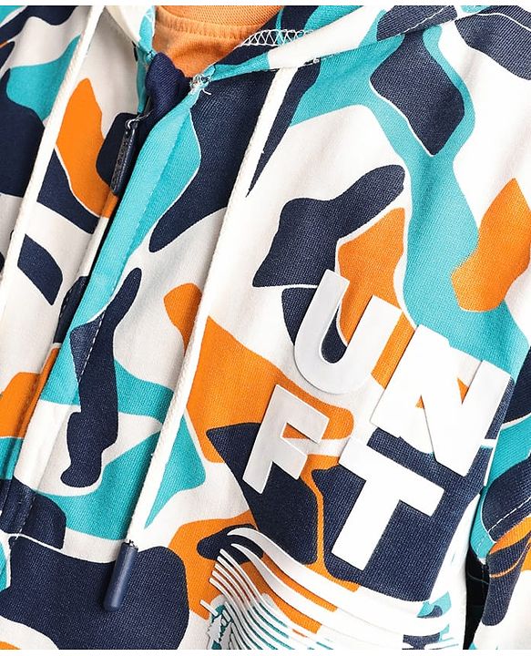 Pine Kids Knit Full Sleeves Hooded Front Open  Sweat Jacket Abstract Design - Blue & Orange
