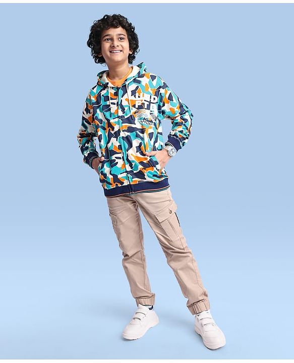 Pine Kids Knit Full Sleeves Hooded Front Open  Sweat Jacket Abstract Design - Blue & Orange