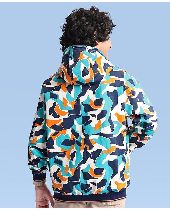 Pine Kids Knit Full Sleeves Hooded Front Open  Sweat Jacket Abstract Design - Blue & Orange