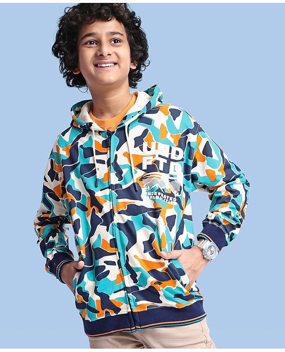 Pine Kids Knit Full Sleeves Hooded Front Open  Sweat Jacket Abstract Design - Blue & Orange