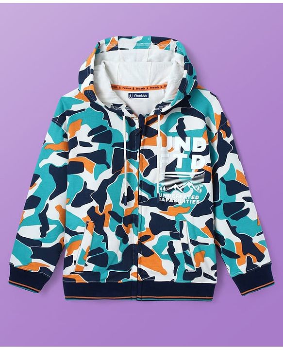 Pine Kids Knit Full Sleeves Hooded Front Open  Sweat Jacket Abstract Design - Blue & Orange