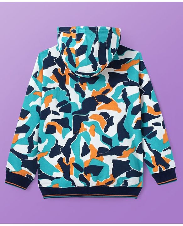 Pine Kids Knit Full Sleeves Hooded Front Open  Sweat Jacket Abstract Design - Blue & Orange
