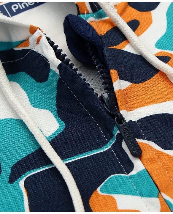 Pine Kids Knit Full Sleeves Hooded Front Open  Sweat Jacket Abstract Design - Blue & Orange