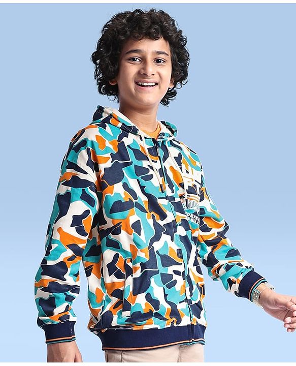Pine Kids Knit Full Sleeves Hooded Front Open  Sweat Jacket Abstract Design - Blue & Orange