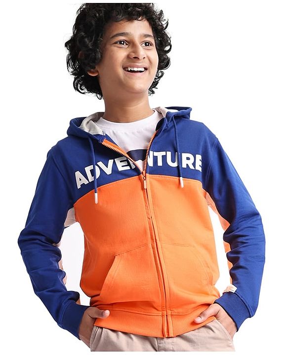 Pine Kids Cotton Knit Full Sleeves Hooded Sweatjacket With Cut & Sew Design & Text Print - Blue & Orange
