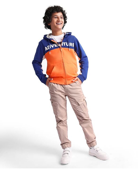 Pine Kids Cotton Knit Full Sleeves Hooded Sweatjacket With Cut & Sew Design & Text Print - Blue & Orange