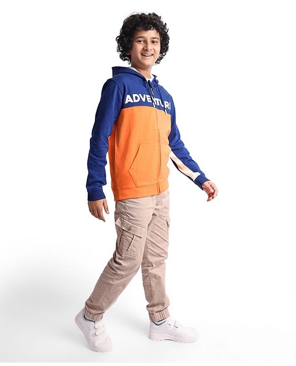 Pine Kids Cotton Knit Full Sleeves Hooded Sweatjacket With Cut & Sew Design & Text Print - Blue & Orange