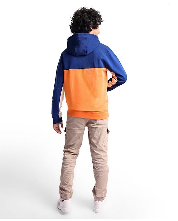 Pine Kids Cotton Knit Full Sleeves Hooded Sweatjacket With Cut & Sew Design & Text Print - Blue & Orange