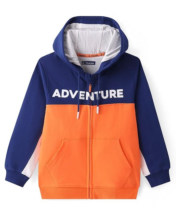 Pine Kids Cotton Knit Full Sleeves Hooded Sweatjacket With Cut & Sew Design & Text Print - Blue & Orange