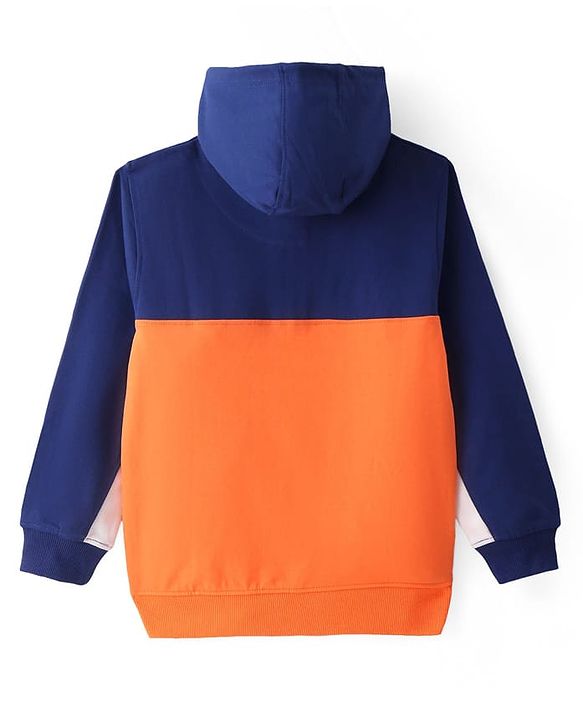 Pine Kids Cotton Knit Full Sleeves Hooded Sweatjacket With Cut & Sew Design & Text Print - Blue & Orange