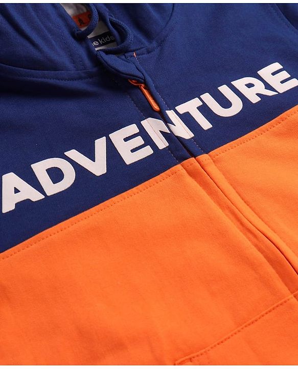 Pine Kids Cotton Knit Full Sleeves Hooded Sweatjacket With Cut & Sew Design & Text Print - Blue & Orange