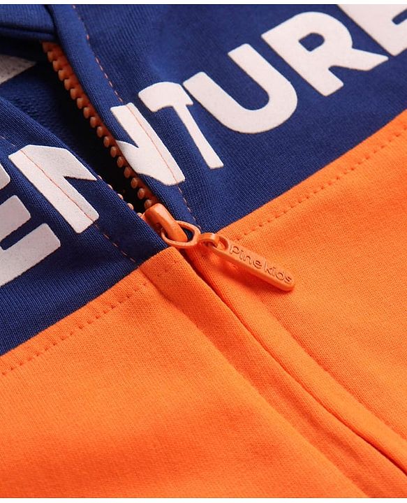 Pine Kids Cotton Knit Full Sleeves Hooded Sweatjacket With Cut & Sew Design & Text Print - Blue & Orange