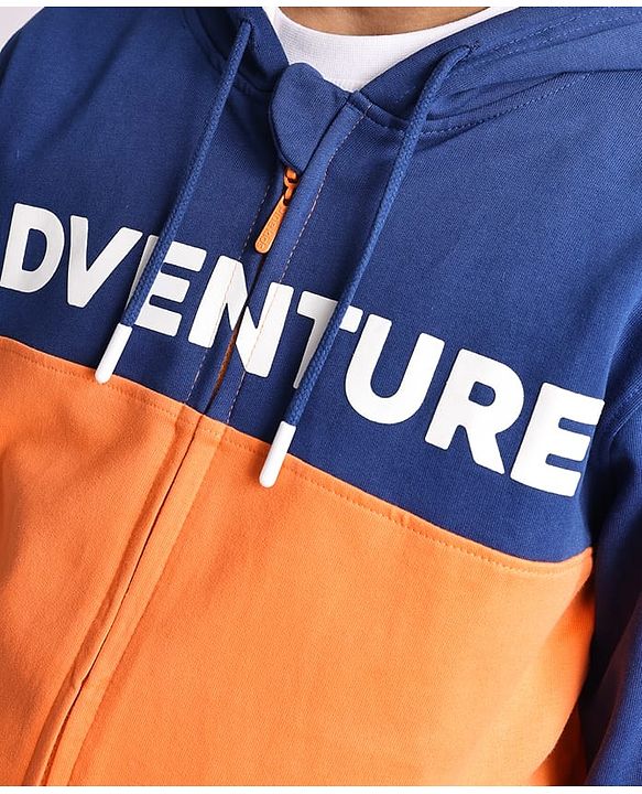 Pine Kids Cotton Knit Full Sleeves Hooded Sweatjacket With Cut & Sew Design & Text Print - Blue & Orange