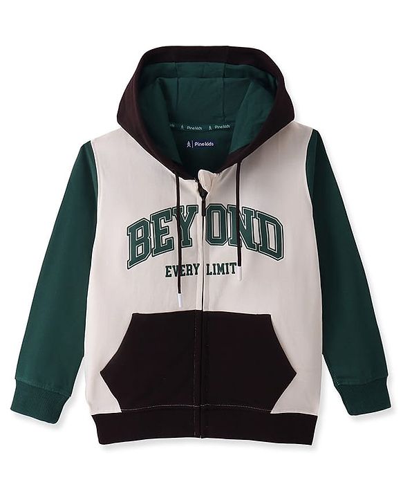 Pine Kids Cotton Knit Full Sleeves Hooded Sweat Jacket with Text Print & Kangaroo Pockets - Dark Green
