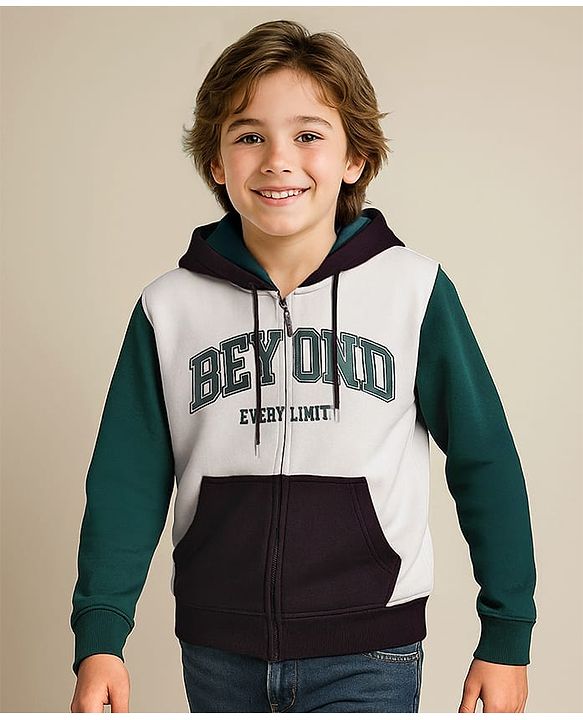 Pine Kids Cotton Knit Full Sleeves Hooded Sweat Jacket with Text Print & Kangaroo Pockets - Dark Green