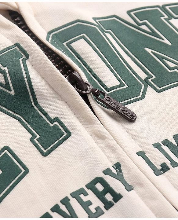 Pine Kids Cotton Knit Full Sleeves Hooded Sweat Jacket with Text Print & Kangaroo Pockets - Dark Green