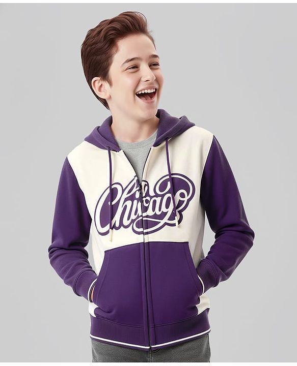Pine Kids Cotton Knit Full Sleeves Front Open Hooded Sweatjacket with Text Print & Kangaroo Pockets - Purple