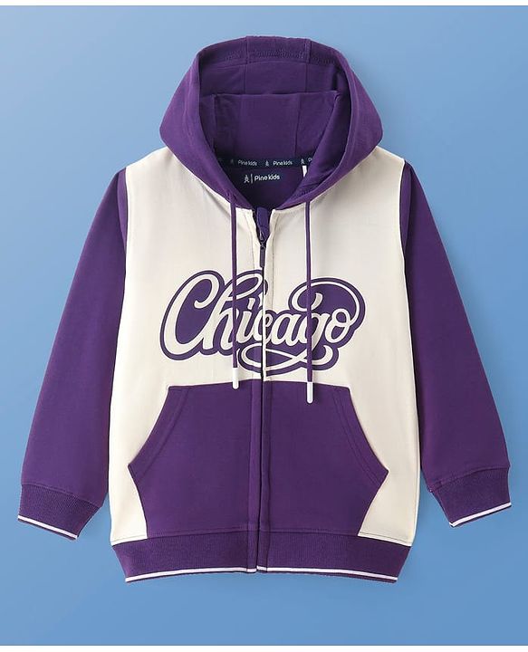 Pine Kids Cotton Knit Full Sleeves Front Open Hooded Sweatjacket with Text Print & Kangaroo Pockets - Purple