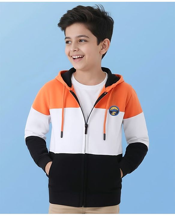 Pine Kids Cotton Knit Full Sleeves Front Open Hooded Sweatjacket with Colour Block Design & Patch Detailing - Orange