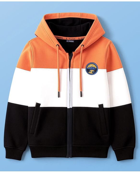 Pine Kids Cotton Knit Full Sleeves Front Open Hooded Sweatjacket with Colour Block Design & Patch Detailing - Orange