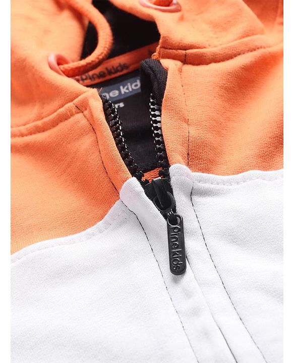 Pine Kids Cotton Knit Full Sleeves Front Open Hooded Sweatjacket with Colour Block Design & Patch Detailing - Orange