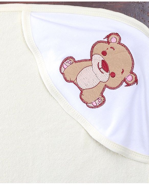 Babyhug Double Ply Terry Hooded Towel Bear Embroidery L 25 x B 30 cm - White