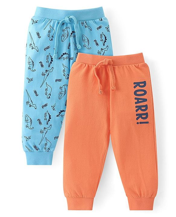 Babyhug Cotton Knit Lounge Pants with Dino & Text Print Pack of 2 - Orange & Navy