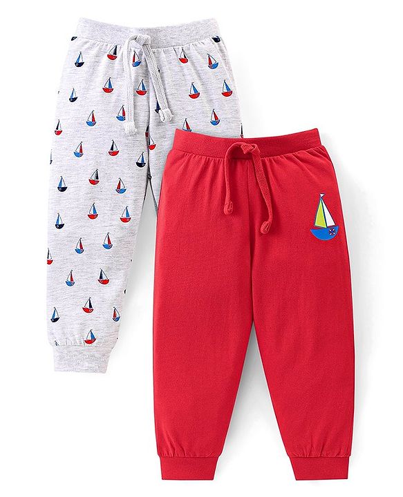 Babyhug Cotton Knit Full Length Lounge Pants Boat Print Pack of 2 - Grey & Red