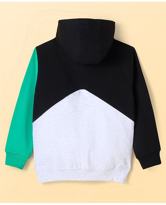 Pine Kids Cotton Knit Full Sleeves Cut & Sew Design Hooded Sweat Jacket with Kangaroo Pockets & Text Print - Green Black & Grey