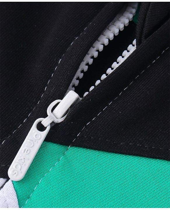 Pine Kids Cotton Knit Full Sleeves Cut & Sew Design Hooded Sweat Jacket with Kangaroo Pockets & Text Print - Green Black & Grey