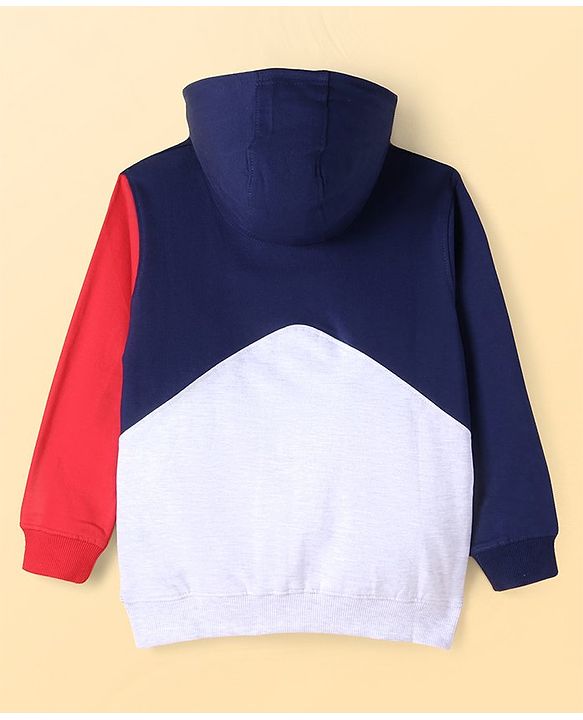 Pine Kids Cotton Knit Full Sleeves Cut & Sew Design Hooded Sweat Jacket with Kangaroo Pockets & Text Print - Red Blue & Grey