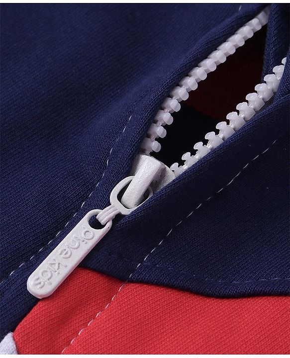 Pine Kids Cotton Knit Full Sleeves Cut & Sew Design Hooded Sweat Jacket with Kangaroo Pockets & Text Print - Red Blue & Grey