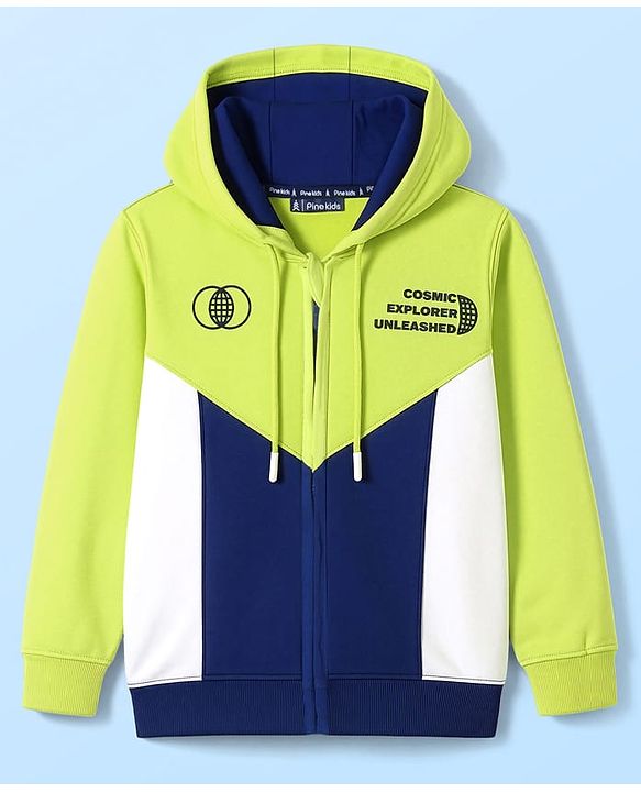 Pine Kids Cotton Knit Full Sleeves Hooded Front Open Sweatjacket with Cut & Sew Design & Text Print - Limegreen