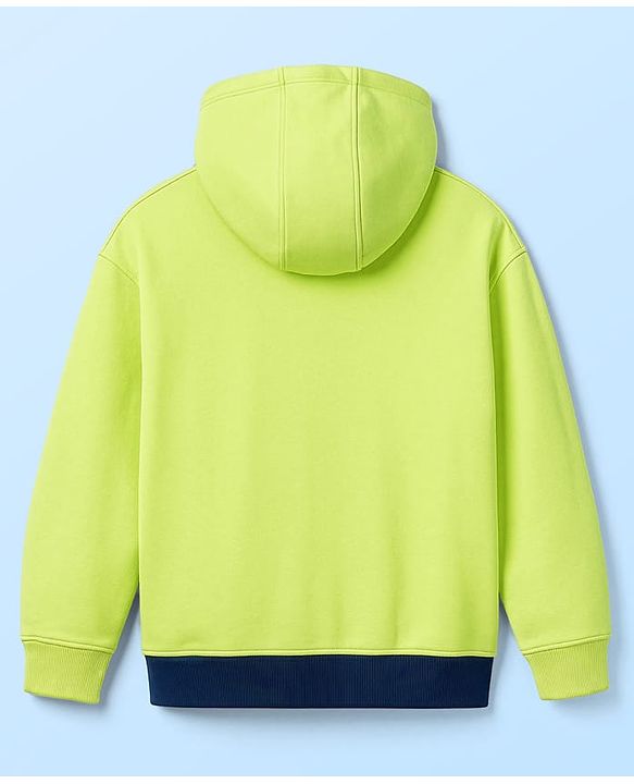 Pine Kids Cotton Knit Full Sleeves Hooded Front Open Sweatjacket with Cut & Sew Design & Text Print - Limegreen