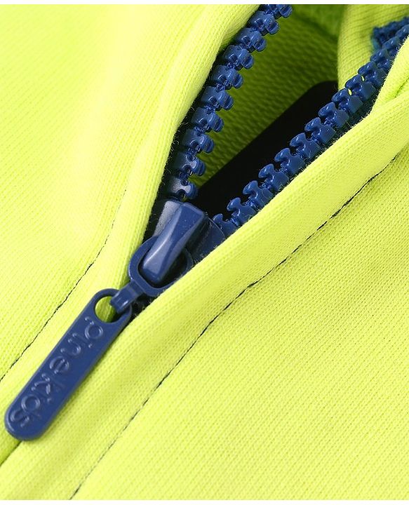 Pine Kids Cotton Knit Full Sleeves Hooded Front Open Sweatjacket with Cut & Sew Design & Text Print - Limegreen