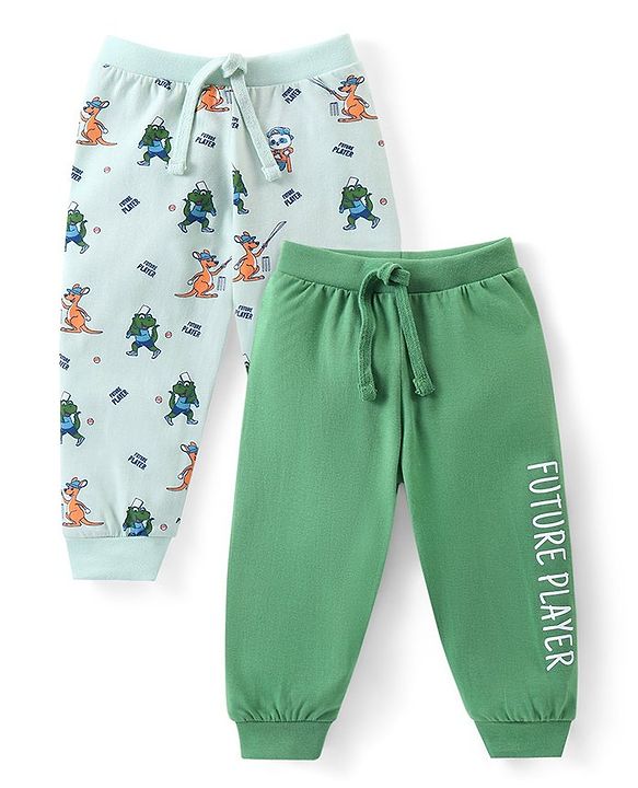 Babyhug Cotton Knit Full Length Lounge Pants Dino & Text Print Pack of 2 - Multicolour