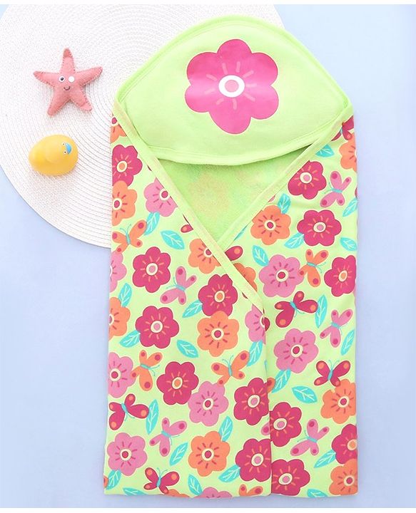 Babyhug Terry Knit Hooded Bath Towel With Floral Print L 76 x B 76 cm - Green