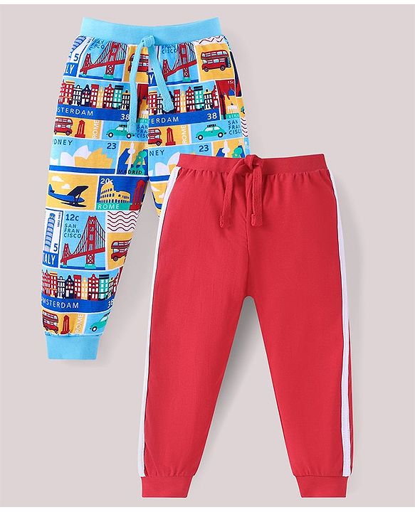 Babyhug Cotton Knit Full Length Printed & Striped Lounge Pants Pack of 2 - Blue & Red