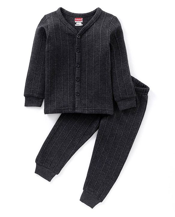 Babyhug Full Sleeves Solid Thermal Vest & Pant - Dark Grey