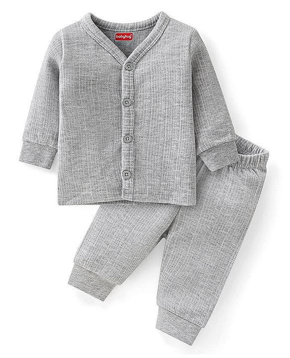 Babyhug Full Sleeves Front Open Thermal Inner Wear Set Solid Colour - Light Grey