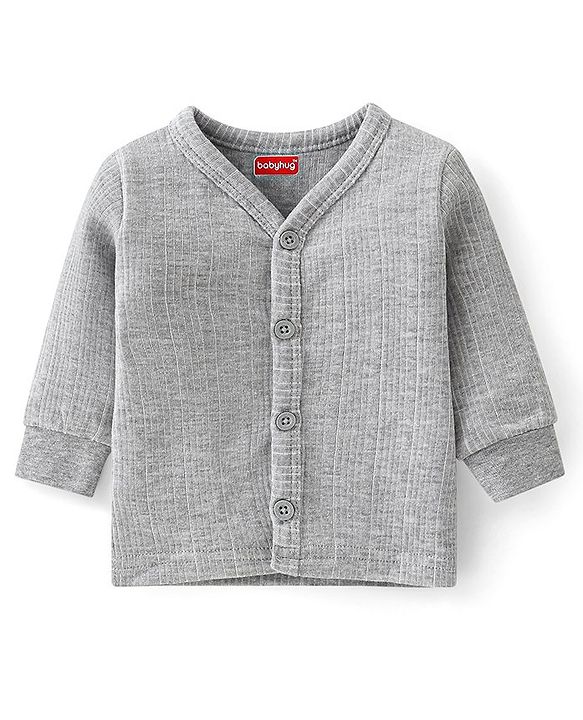Babyhug Full Sleeves Front Open Thermal Inner Wear Set Solid Colour - Light Grey