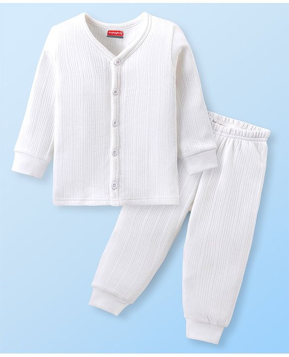 Babyhug Cotton Full Sleeves Thermal Vest and Pant Set Solid - Off White